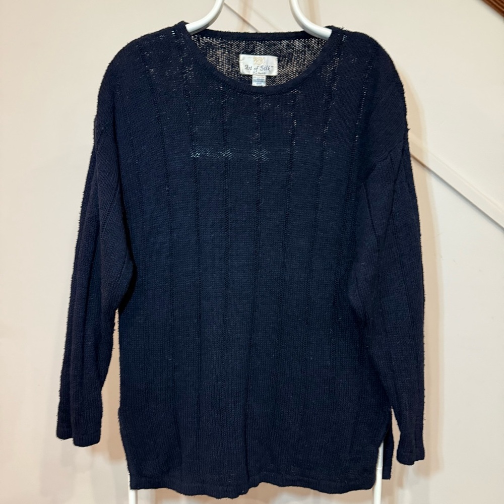 Vintage Ribbed Silk sweater by Art of Silk, Tie Rack, Navy, Women’s Large